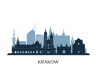 Krakow skyline, monochrome silhouette. Vector illustration.