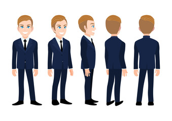 Wall Mural - Cartoon character with business man. Front, side, back, 3-4 view animated character. Flat vector illustration.