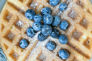 Wall Mural - Close up of Blueberries on Belgian Waffle and Maple Syrup, Dusted with Powdered Sugar, Flay Lay on Marble Background, Copy Space