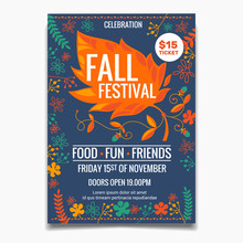 Fall Festival Flyer Or Poster Template. Creative Colorful Maple Leaves Elements With Floral