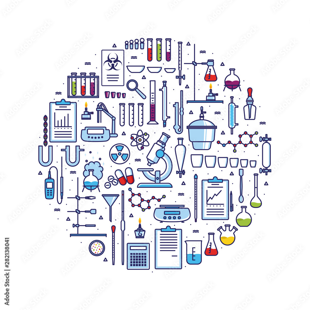 Circle concept with 50 types of laboratory equipments and instruments ...
