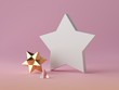 3d abstract modern minimal background, white star shape canvas isolated on pink, gold crystal polygonal object, glass pyramid, minimalistic scene, fashion elements, simple clean design, blank mockup
