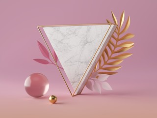 3d render, white marble triangle shape, blank triangular banner mockup, simple geometrical objects isolated on rose pink background, abstract luxury concept, gold ball, glass sphere, paper palm leaves