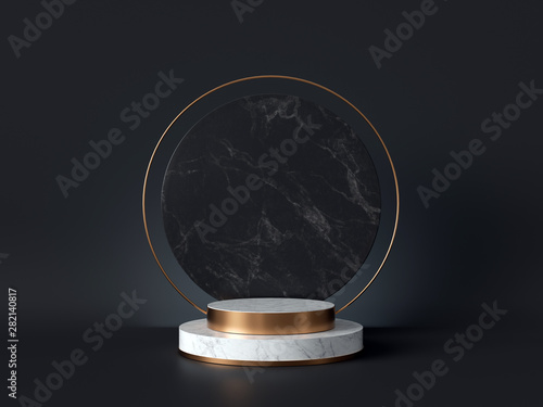 Cuadros en Lienzo 3d rendering of white marble pedestal isolated on black background, round gold f
