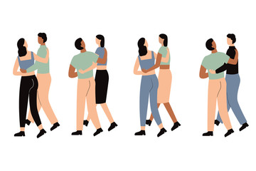 Set of LGBT and straight couple or friends are hugging and looking at each other while walking. Two people hugging. Homosexual relationship. Flat vector isolated illustration