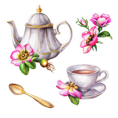 watercolor illustration, teapot and cup decorated with pink dog rose flowers, rosehip arrangement clip art, isolated on white background