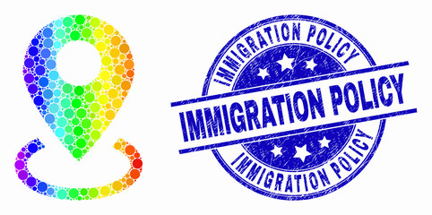Pixelated bright spectral map marker placement mosaic icon and Immigration Policy seal stamp. Blue vector rounded textured seal with Immigration Policy phrase. Vector collage in flat style.