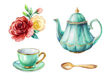 Watercolor Illustration, Mint Green Teapot And Cup, Gold Spoon, Red And Yellow Roses, Clip Art Elements Set Isolated On White Background