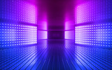 Fototapeta Perspektywa 3d - 3d render, pink blue neon abstract background, ultraviolet light, night club empty room interior, tunnel or corridor, glowing panels, fashion podium, performance stage decorations,