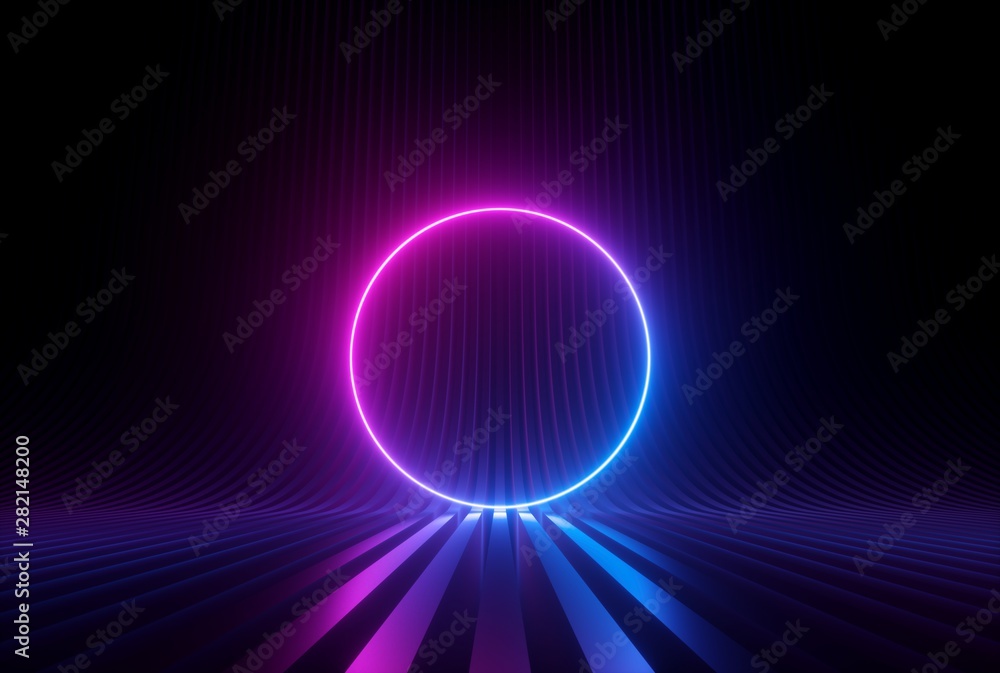 3d render, pink blue neon abstract background with glowing ring shape ...