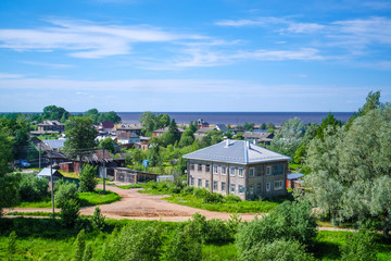 Belozersk, Russia - June, 9, 2019: landscape with the image of old russian north town Belozersk