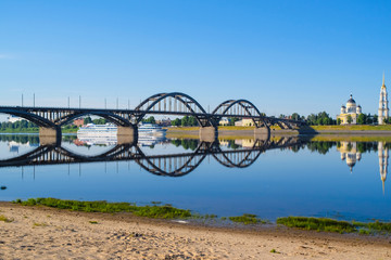 Sticker - Rybinsk, Russia - June, 10, 2019: landscape with the image of a passenger ship on the Volga River, in the city of Rybinsk, Russia