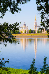 Wall Mural - Rybinsk, Russia - June, 10, 2019: landscape with the image of Volga embankment in Rybinsk, Russia at sunrise