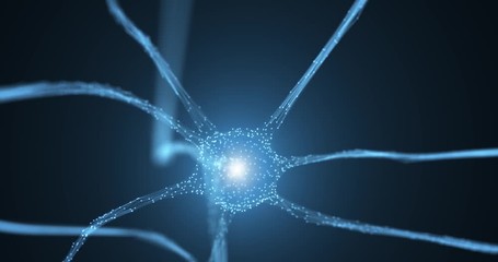 Wall Mural - 3d animated neuron cell with flashing light copy space background.