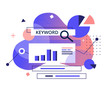 Monitoring, Analysis and verification of site positions in search engines concept. Keyword Research program-flat banner. SEO Marketing tools vector illustration.