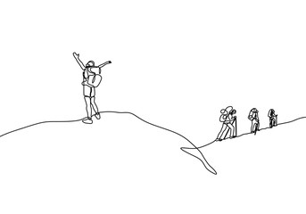 Wall Mural - Continuous line drawing of people hiking climb a mountain peak. He celebrate of happiness and freedom