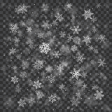 Fototapeta  - Christmas blurred illustration of complex defocused big and small falling snowflakes in white and gray colors with bokeh effect on transparent background