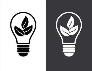 Canvas Print - Bulb with leaf on the inside vector illustration suitable for green energy icon/symbol. Bulb and leaf vector with black and white design 