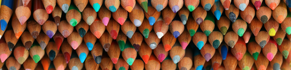 Wall Mural - Collection of used and worn colored pencils. Art school background.