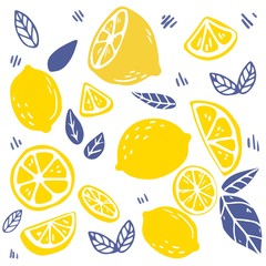 The seamless pattern of lemon and leaf. the part of lemon and leaf. the pattern backgroung of yellow lemon on white background. cute lemon in flat vector style.