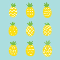 Wall Mural - The pattern of pineapple. the backgroung of pineapple on the blue color .many type of pineapple hand draw cute pineapple in flat vector style