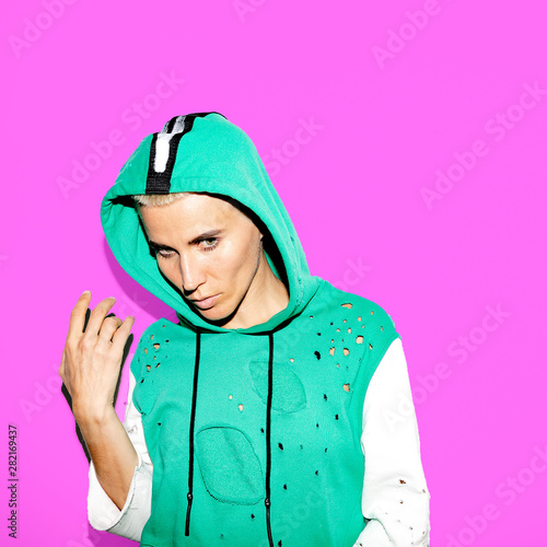 Blonde Girl With Trendy Short Haircut Tomboy Fashion Style