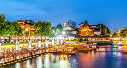 Wall Mural - Night View of the Old Architectural River in Nanjing..