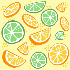 Wall Mural - The seamless pattern of green lime and yellow lemon. the part of lemon and lime. the pattern backgroung of yellow lemon on the yellow background. The cute lime and lemon in flat vector style.
