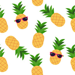 Wall Mural - The seamless pattern pf pineapple in white background. The pineapple in pattern style. pineapple wear a pinksunglasses. The cute pineapple in flat vector.