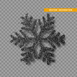 Christmas decoration, black snowflake covered bright glitter, on transparent background.