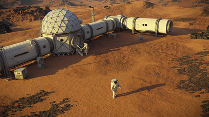 Wall Mural - mars base with astronauts, station on the surface of the red planet
