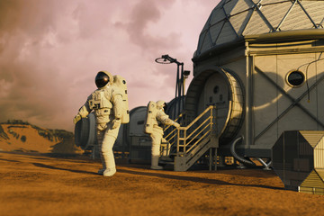 Wall Mural - mars station with astronauts, research habitat on the surface of the red planet