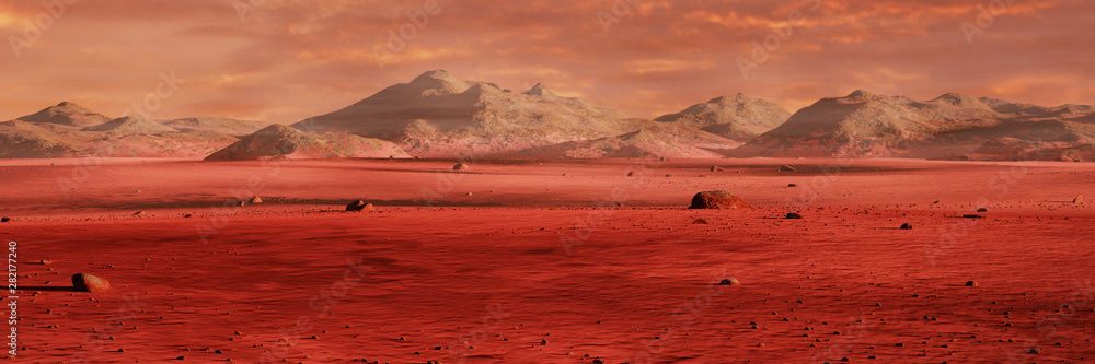 landscape on planet Mars, scenic desert surrounded by mountains, red planet surface - obrazy, fototapety, plakaty 