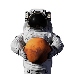 Wall Mural - astronaut holding planet mars, isolated on white background