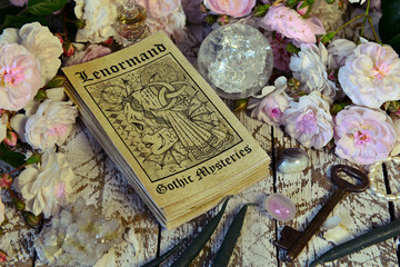 Canvas Print - Still life with Lenormand tarot cards deck and roses.