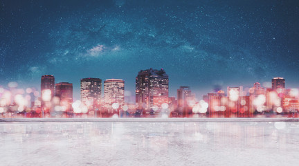 Panoramic Osaka city at night with glowing Bokeh light with starry sky and concrete floor, vintage tone