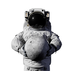 Wall Mural - astronaut holding the moon, showing the far side, isolated on white background