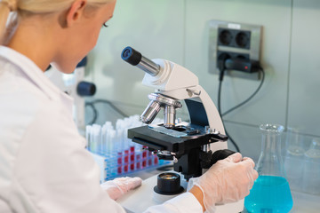Wall Mural - female scientist working in modern lab. doctor making microbiology research. laboratory tools: micro
