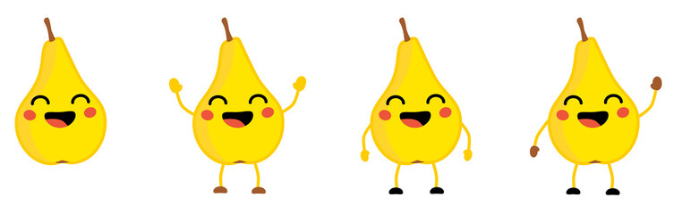 Wall Mural - Cute kawaii style Pear fruit icon, eyes closed, smiling with open mouth. Version with hands raised, down and waving.