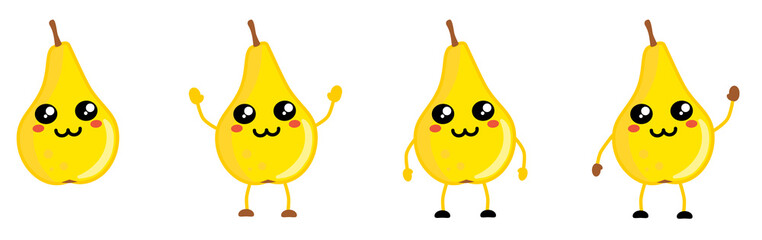 Wall Mural - Cute kawaii style Pear fruit icon, large eyes, animal like nose. Version with hands raised, down and waving.