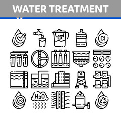 Poster - Water Treatment Items Vector Thin Line Icons Set. Filter And Cleaning System Water Treatment Elements From Microbe Germs Linear Pictograms. Rain Cloud And Pump Station Black Contour Illustrations