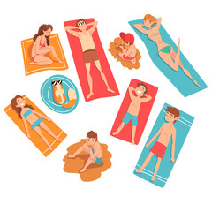 Sticker - People Sunbathing and Relaxing on Beach Set, Men, Women and Kids Enjoying Summer Vacation Vector Illustration