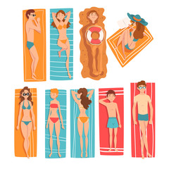 Sticker - People Sunbathing and Relaxing on Beach Set, Top View of Lying Men, Women and Kids, People Enjoying Summer Vacation Vector Illustration