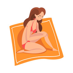 Sticker - Beautiful Young Woman Sunbathing and Relaxing on Beach, Girl Enjoying Summer Vacation Vector Illustration