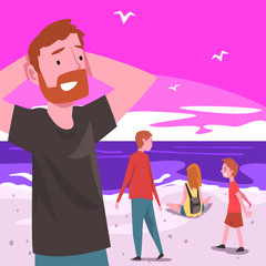 Sticker - People Relaxing on Seaside at Summer Time on Sunset, Tropical Resort Landscape with Ocean or Sea, Man and Kids Walking and Enjoying Vacation on Beach Vector Illustration