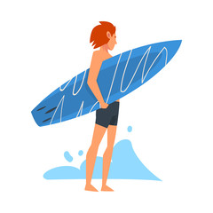 Poster - Guy Surfer Character Standing with Surfboard, Recreational Beach Water Sport, Man Enjoying Summer Vacation Vector Illustration