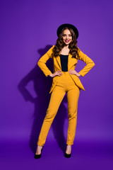 Poster - Vertical full length body size view of her she nice-looking attractive cheerful cheery content luxury wavy-haired lady hands on hips isolated over bright vivid shine violet lilac background