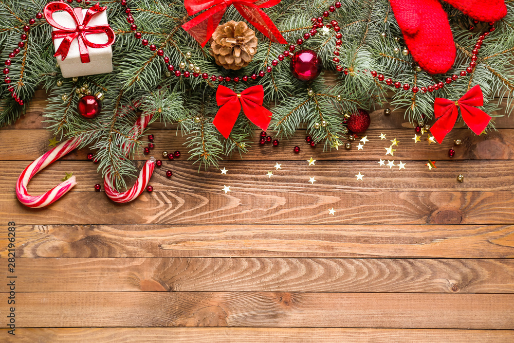 Beautiful Christmas composition on wooden background