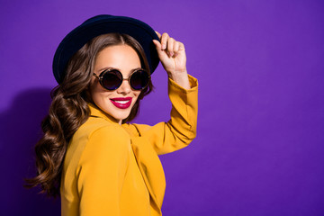 Poster - Profile photo of amazing lady wear specs stylish hat yellow costume isolated purple background