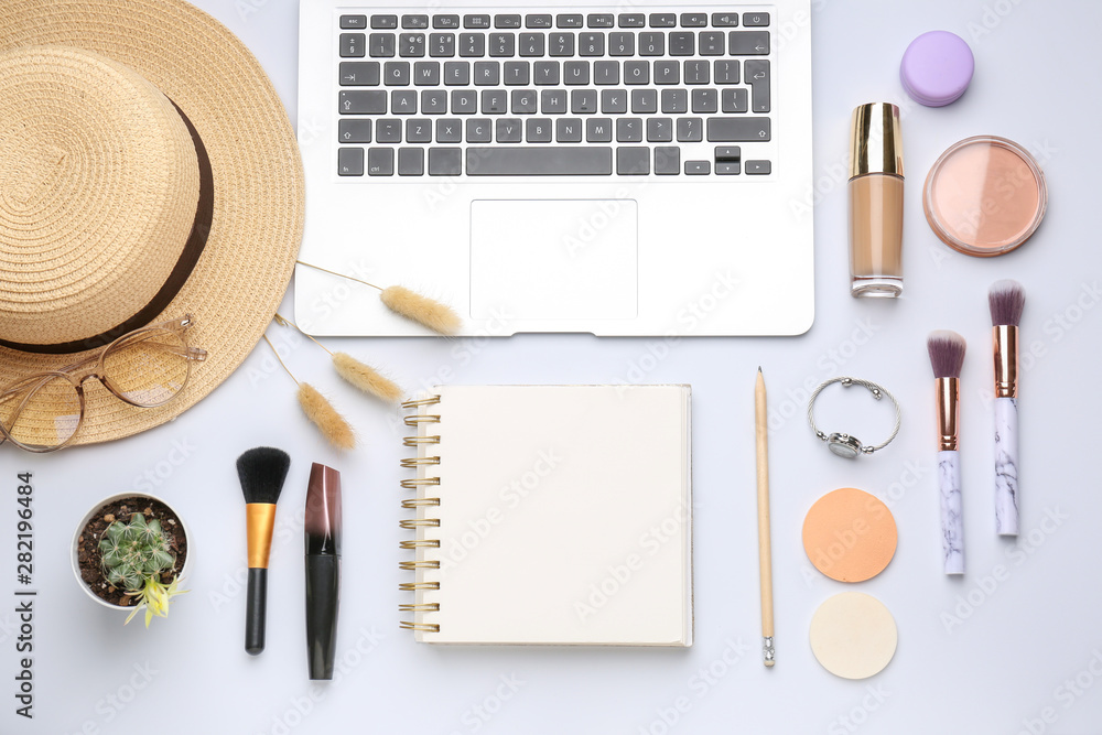 Workplace of beauty blogger on white background